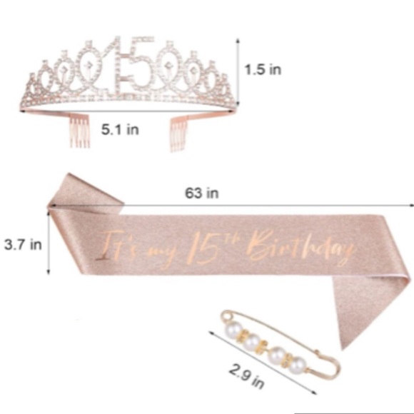 15th Birthday Party Banner Photo Backdrop Rose Gold Tiara Sash Crown Pink Black - Picture 2 of 9
